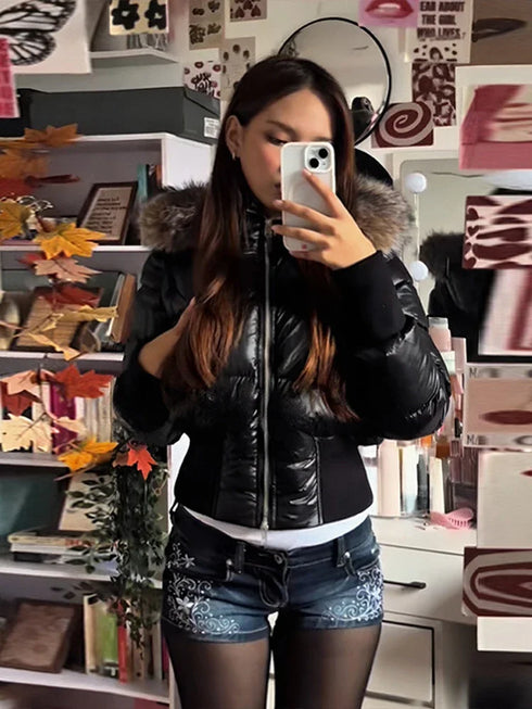 Slim Fit Women's Autumn and Winter Title Seamed Cotton Jacket Faux Fur Collar Long Sleeve Jacket Detachable 2025 New Jacket